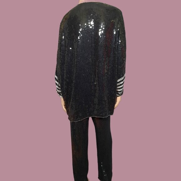 Vintage 80s Ann Green Art Deco Silk Sequined Top Pants Set Black Silver Womens L - Picture 7 of 10